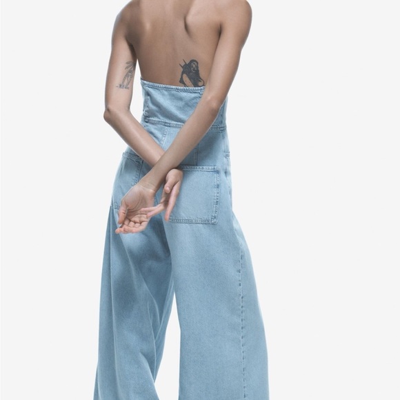 zara small Light Blue Denim Halter Jumpsuit - Picture 2 of 12